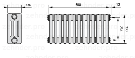 Схема (чертеж) Радиатор Zehnder Charleston 4030/13 №7610 Белый глянцевый RAL 9016